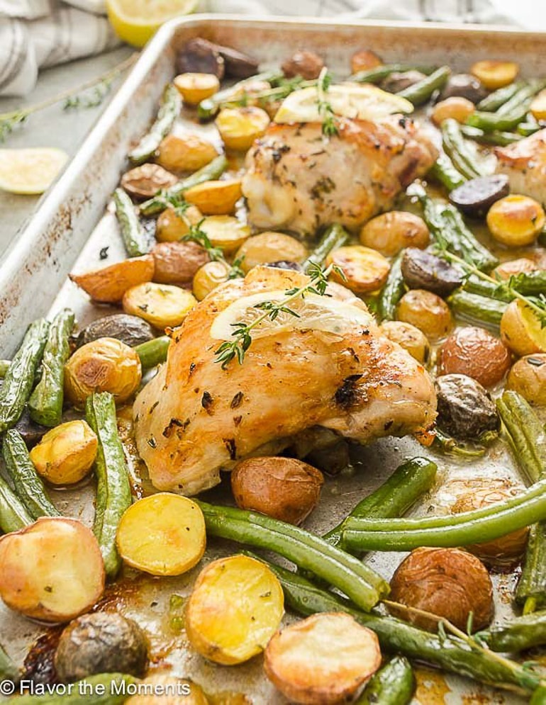 chicken and potatoes and beans on oven pan healthy recipe