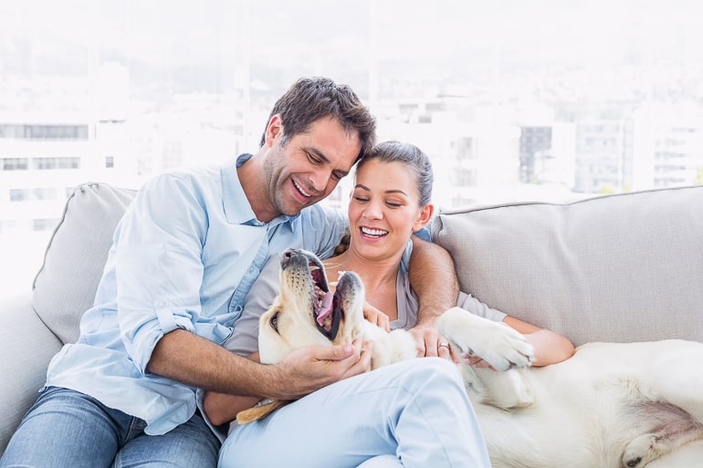 Couple sitting on couch hugging with dog on their lap bucket list