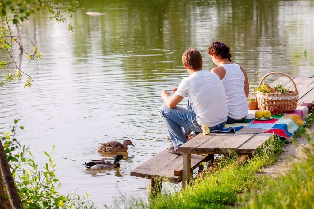 couple sitting in small dock by pond with food and ducks in water free inexpensive date ideas