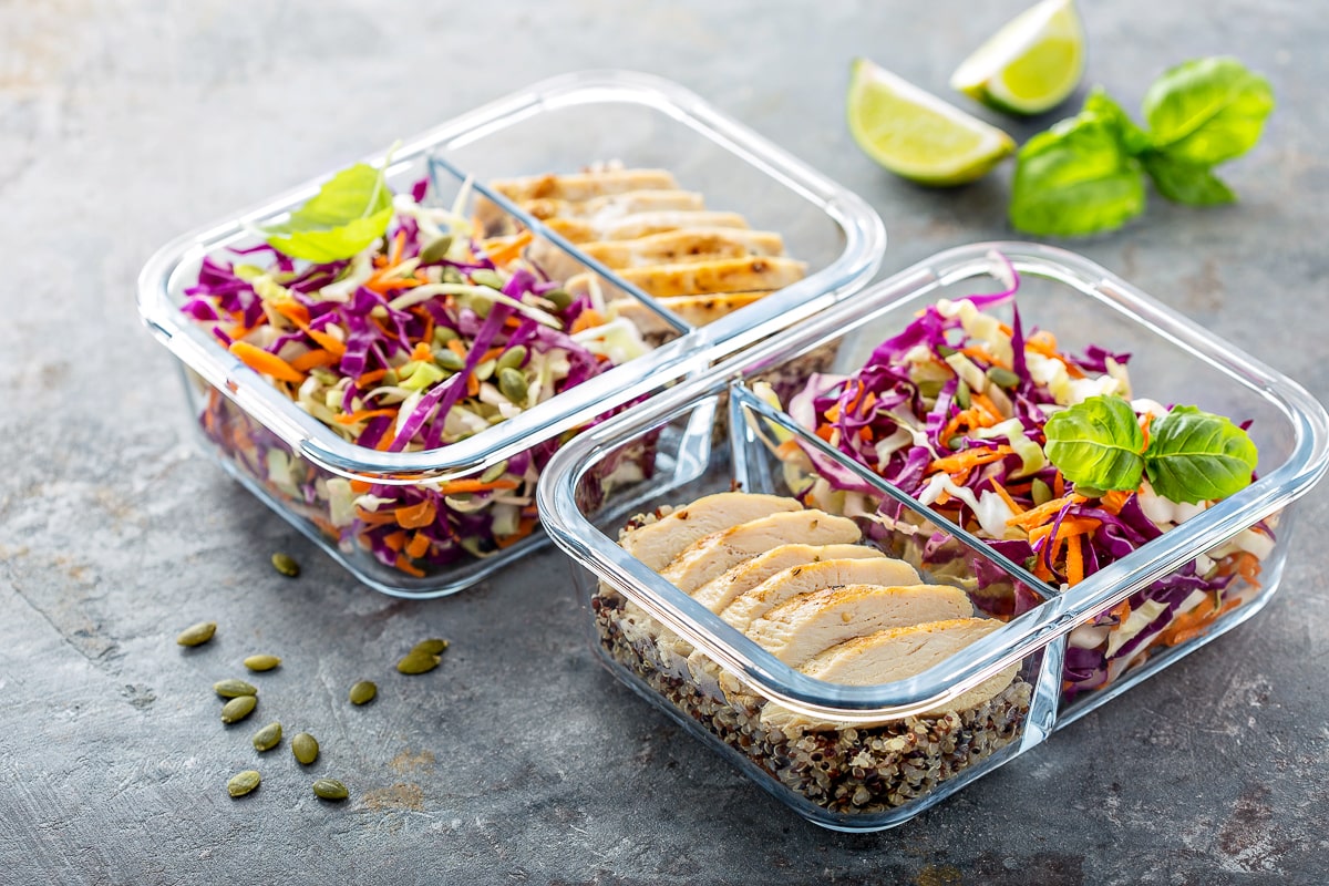 Clear containers with food on grey background how to eat healthy with no time