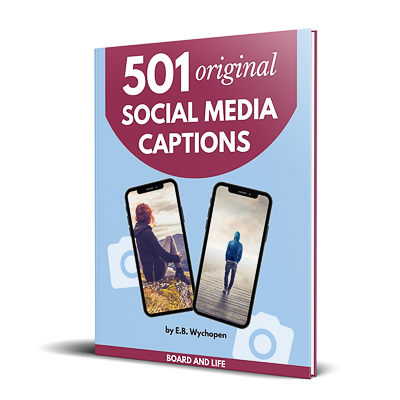 front cover of social media caption ebook mockup board and life