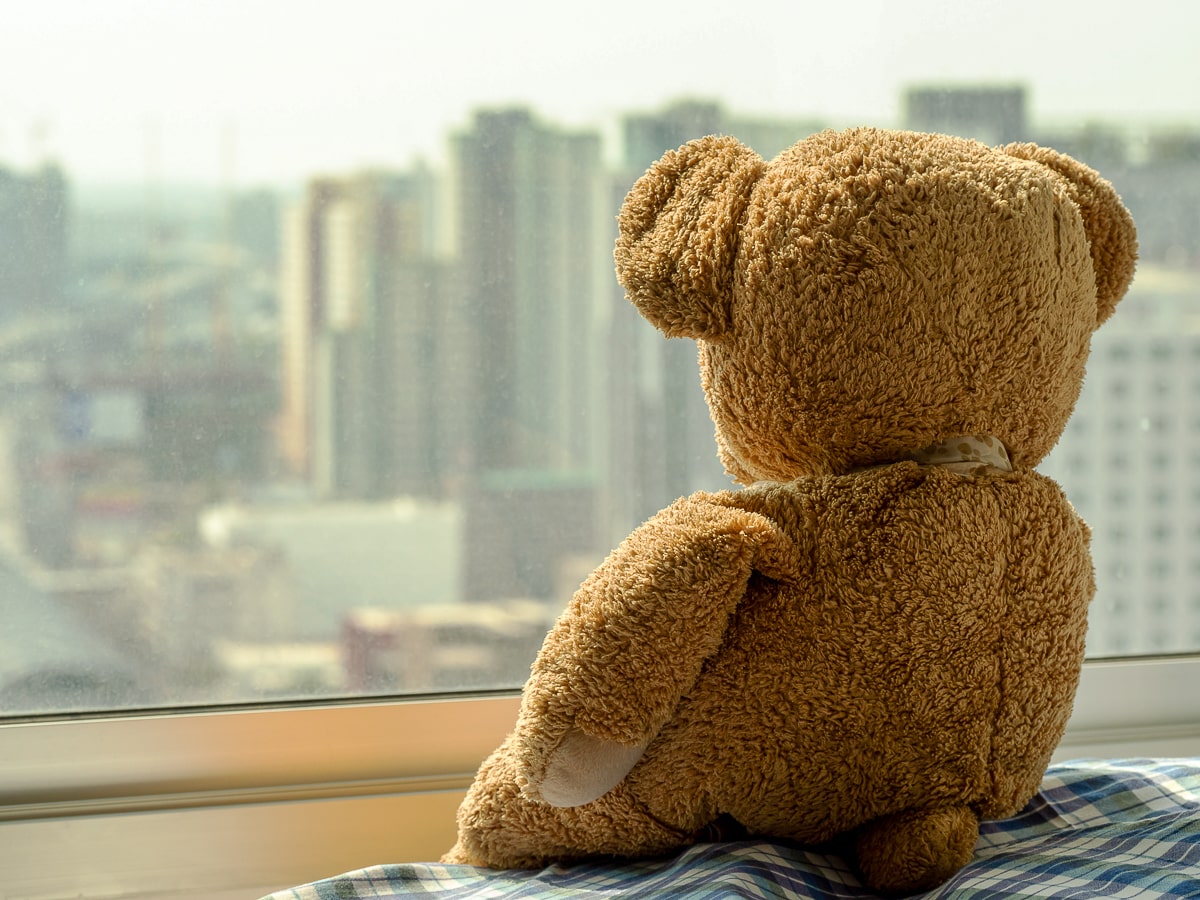 Brown Teddy Bear looking out a window how to cope with moving away from family and friends