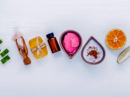 colorful makeup materials on white table organic makeup brands