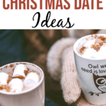 Photo of hands with mittens holding mugs with marshmallows and text overlay for Pinterest