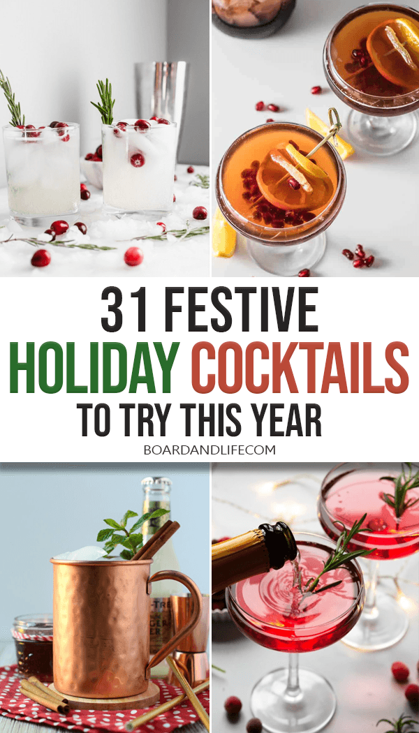 Photo Collage of holiday cocktails in glasses with decoration and text overlay for Pinterest