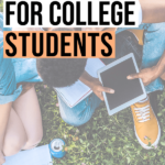 Photo of students on grass with gadgets and notepad plus text overlay for Pinterest